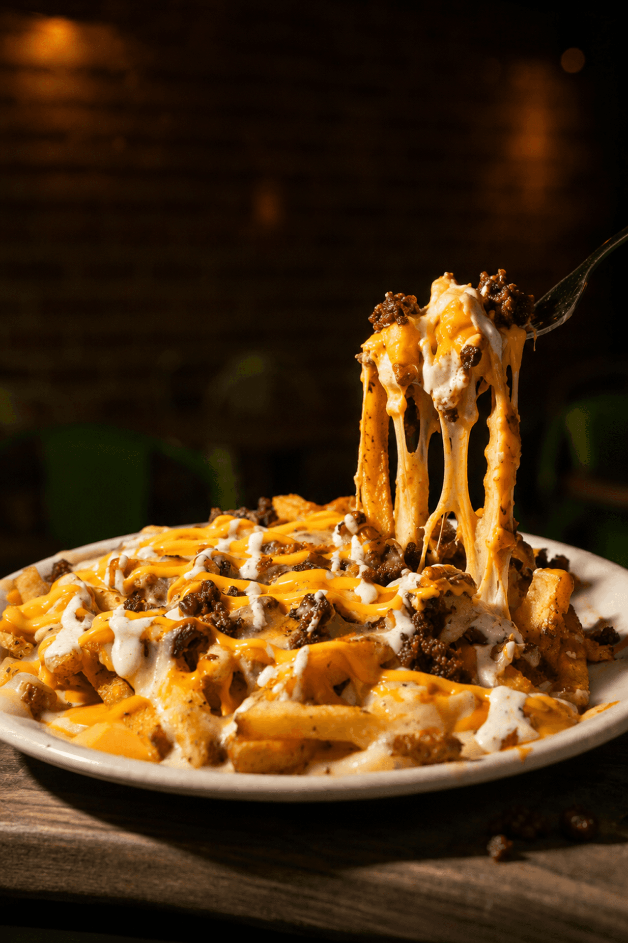 PapiPig. Patatas dipper con mozzarella y queso gouda fundidos, queso crema, pulled pork, salsa bbq bull eye - sweet whisky y topping de cebolla crispy.