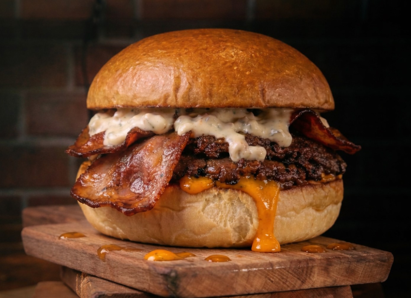 Tom C. Pan Brioche con queso cheddar, bacon crujiente, cebolla crispy y salsa BBQ. Siempre ha sido nuestro top ventas.